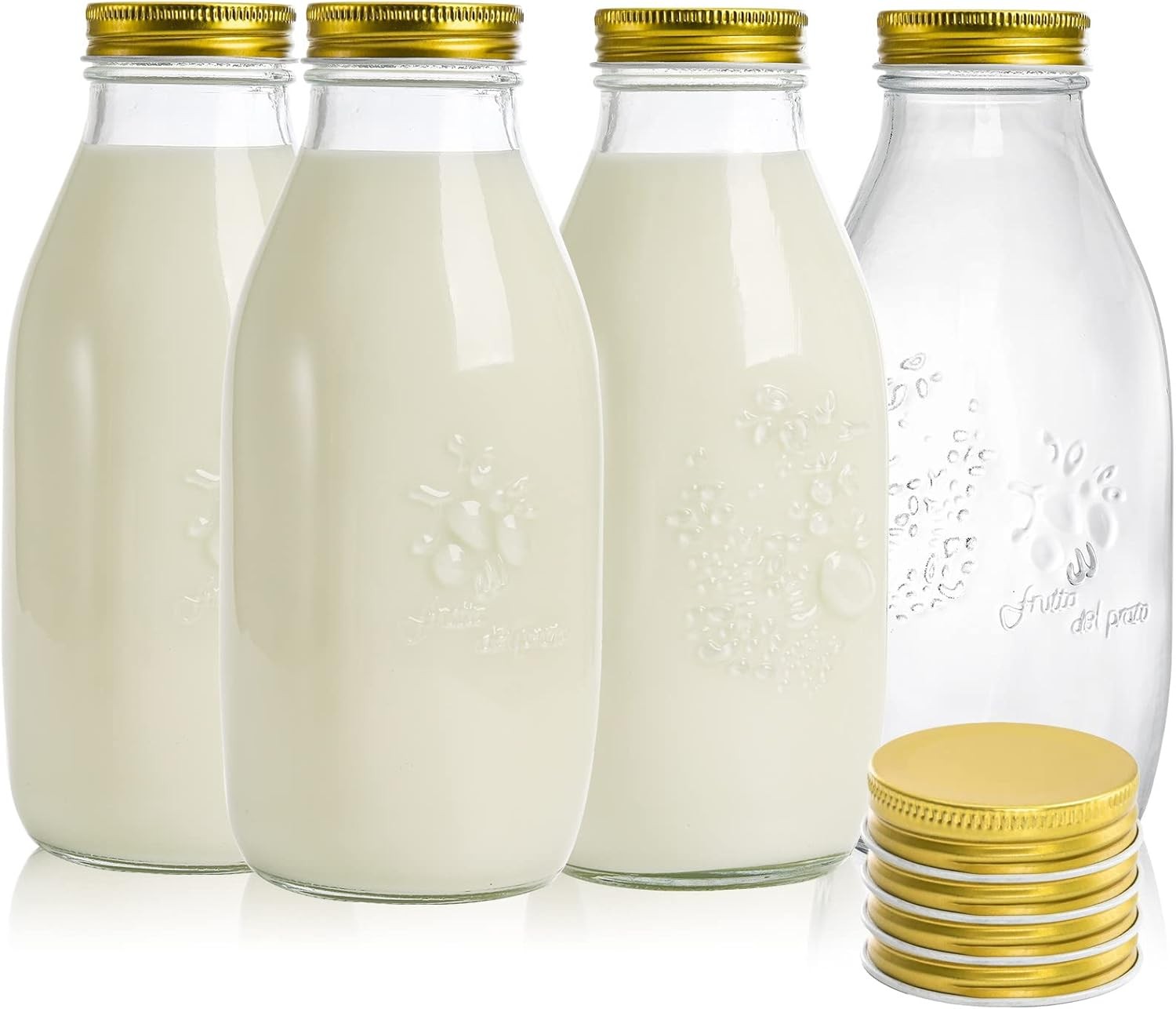 new ZOOFOX 4 Pack 32 oz Glass Milk Bottle with Lids, Vintage Clear,Gold ZOOFOX - KOEEK