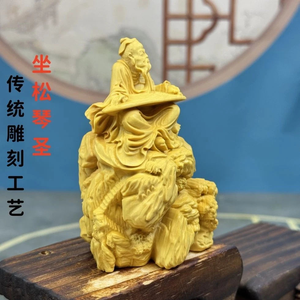 Boxwood Carved Saint of Music Bi Ya Figurine Home Décor Chinese Style Handicraft 07FC0E-D4 - KOEEK