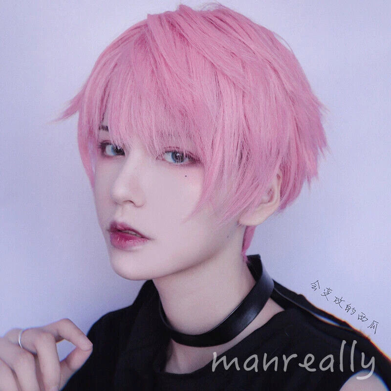 Daily Fluffy Men Short Hair Cosplay Kawaii Boys Full Wig Pink Hairpiece Gift 07FC0E-D4 - KOEEK