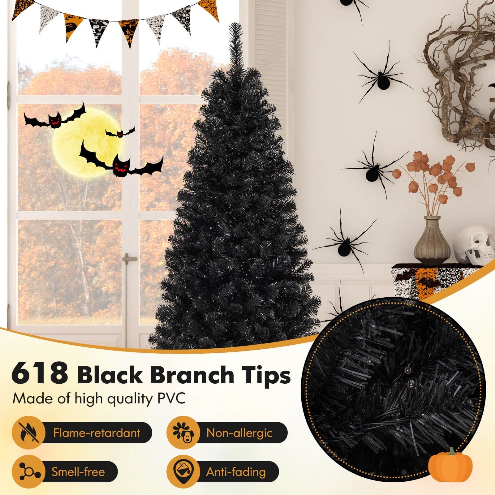 Costway 6' Pre-lit PVC Christmas Halloween Pencil Tree Black w/ 280 LED Lights COSTWAY - KOEEK