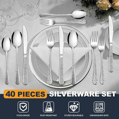 used HaWare Hammered Silverware Set, 40-Piece Stainless Steel Flatware Set Silver HAWARE - KOEEK