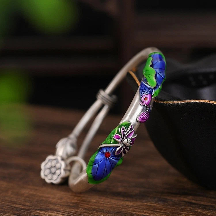 Ladies' Retro Cloisonn É Koi Lotus Push Pull Enamel Bracelet 07FC0E-D4 - KOEEK