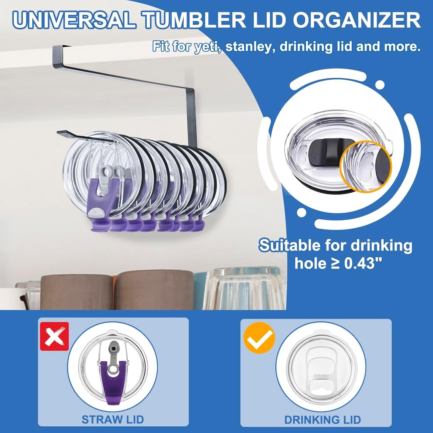 new 2 Pack Tumbler Lid Organizer, Premium Storage Hook Up to 20 Black