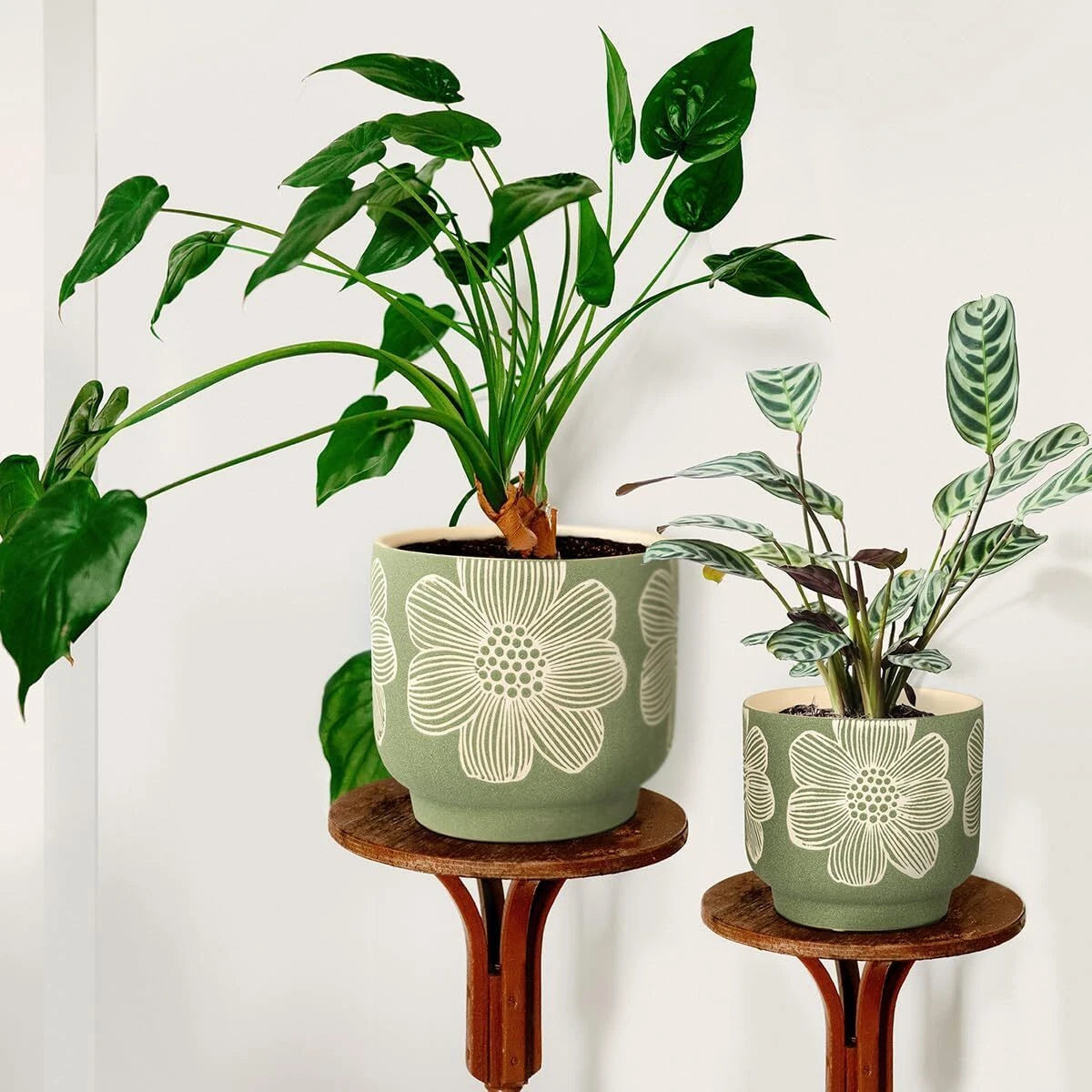 8-Inch + 6-Inch White Floral Pattern Planter, Sand Glazed Ceramic Planter,Green 07FC0E-D4 - KOEEK