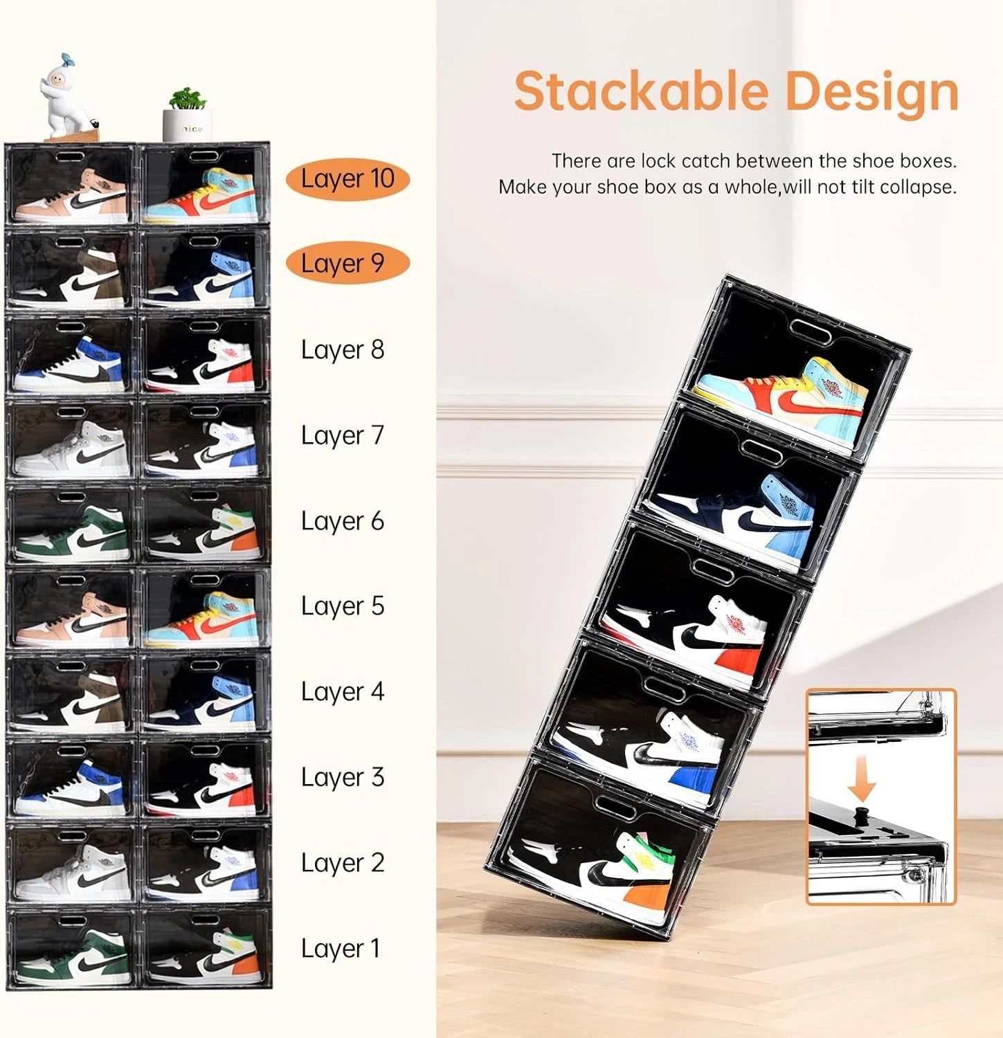8 Pack Shoe Boxes Stackable, Large Shoe Storage Organizer with Lids 07FC0E-D4 - KOEEK