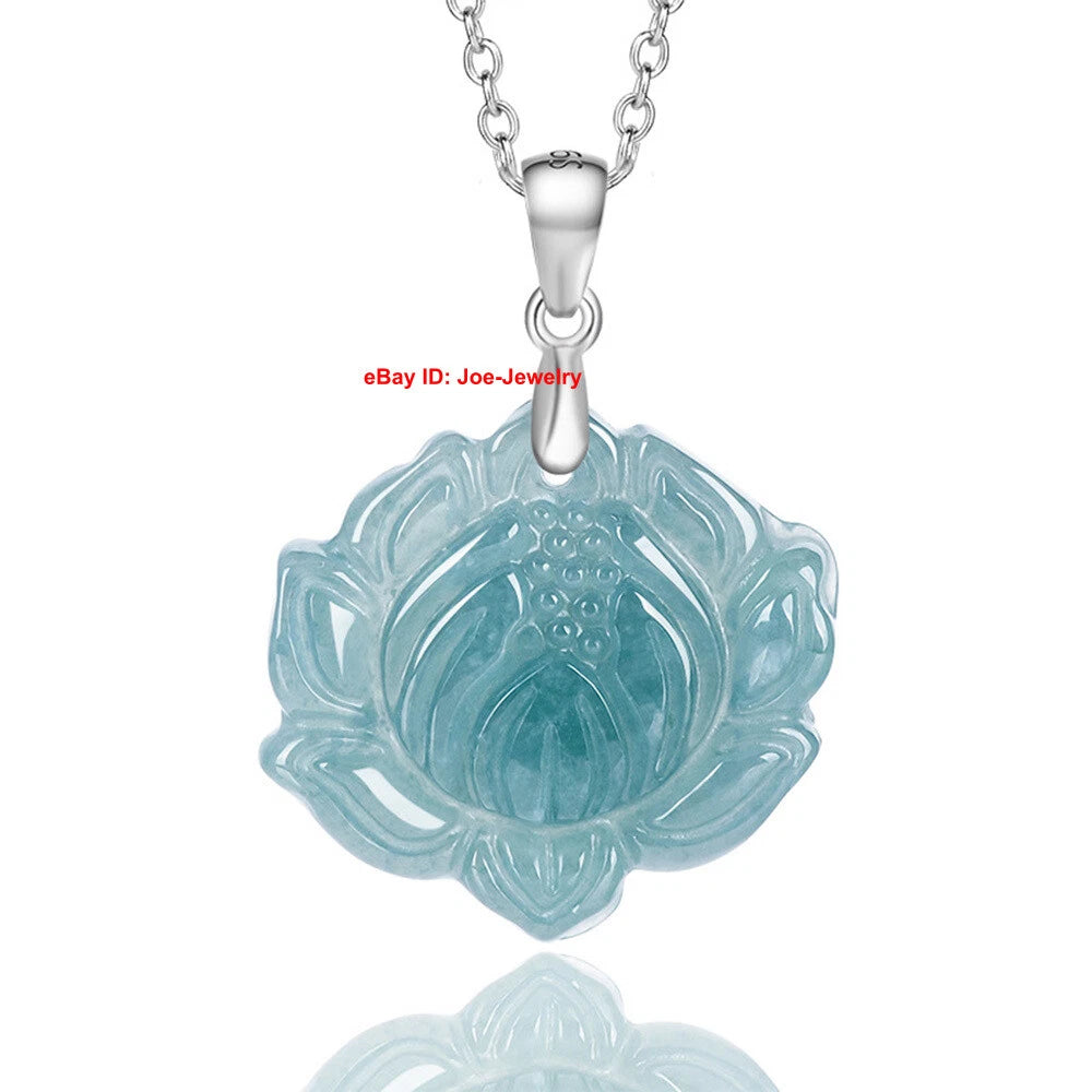 Solid 925 Sterling Silver With Natural Green Jade Lotus Flower Pendant 20.9mm H 07FC0E-D4 - KOEEK