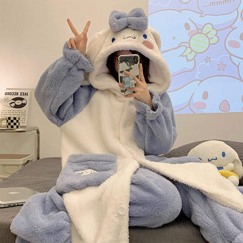 Kuromi My Melody Cinnamoroll Flannel Night-robe Pajama Pants Sleepwear Nightgown 07FC0E-D4 - KOEEK