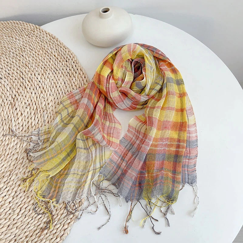 Unisex  Flax Linen Thin Scarf Tasseled Preppy Plaid Shawl Bandana Wrap 07FC0E-D4 - KOEEK