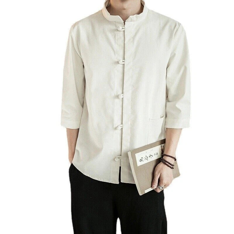Men Vintage Kung Fu Shirts Tops 3/4 Sleeve Cotton Linen Chinese Style Tang Suit 07FC0E-D4 - KOEEK