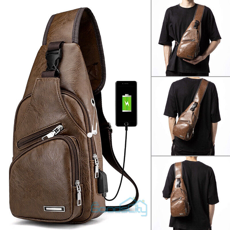 ny Mochila bandolera for hombre Bolso cruzado de cuero PU en el pecho Carga USB