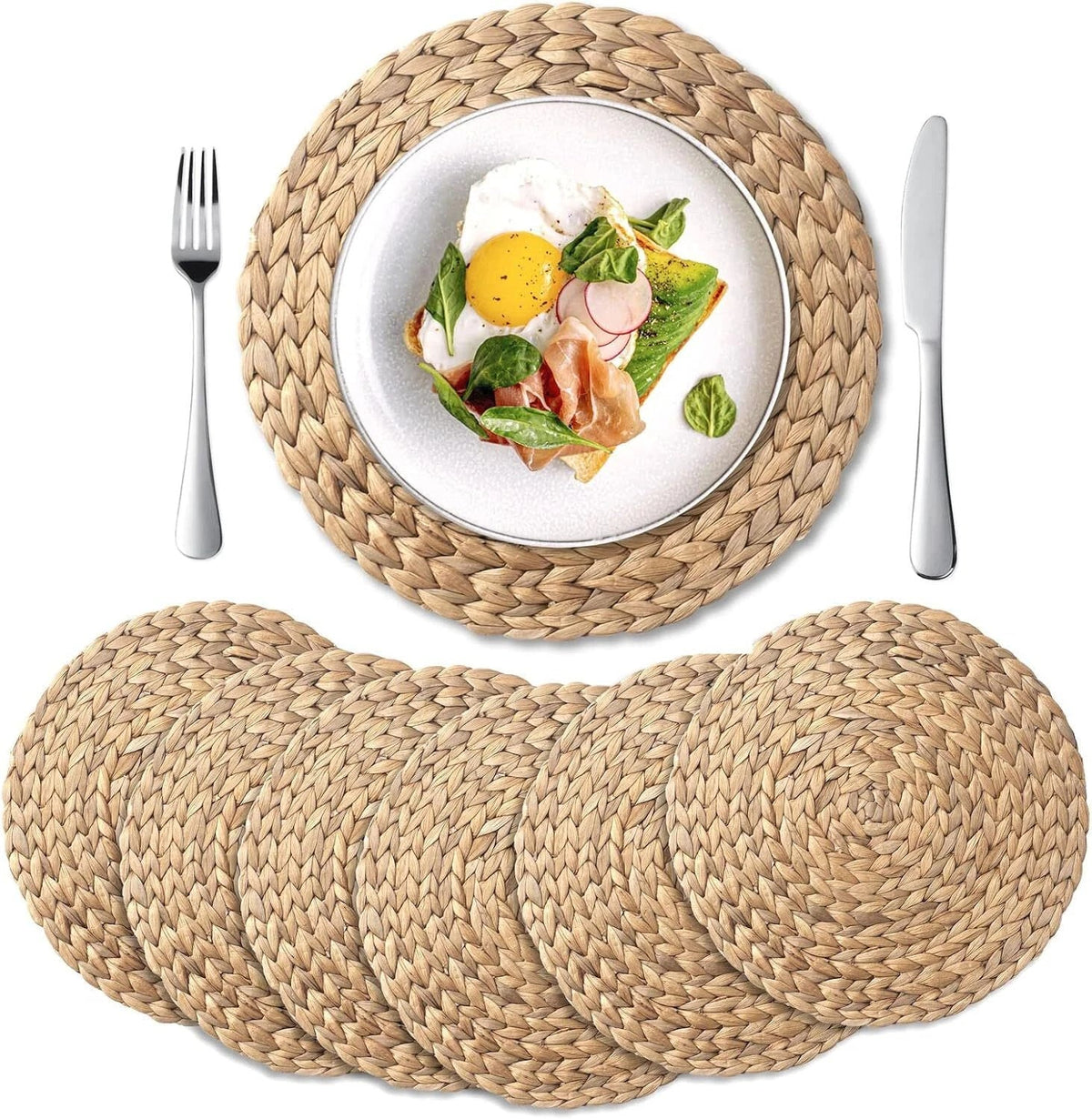 6 Pack, Round Woven Placemats, Natural Hyacinth Wicker Placemats 07FC0E-D4 - KOEEK