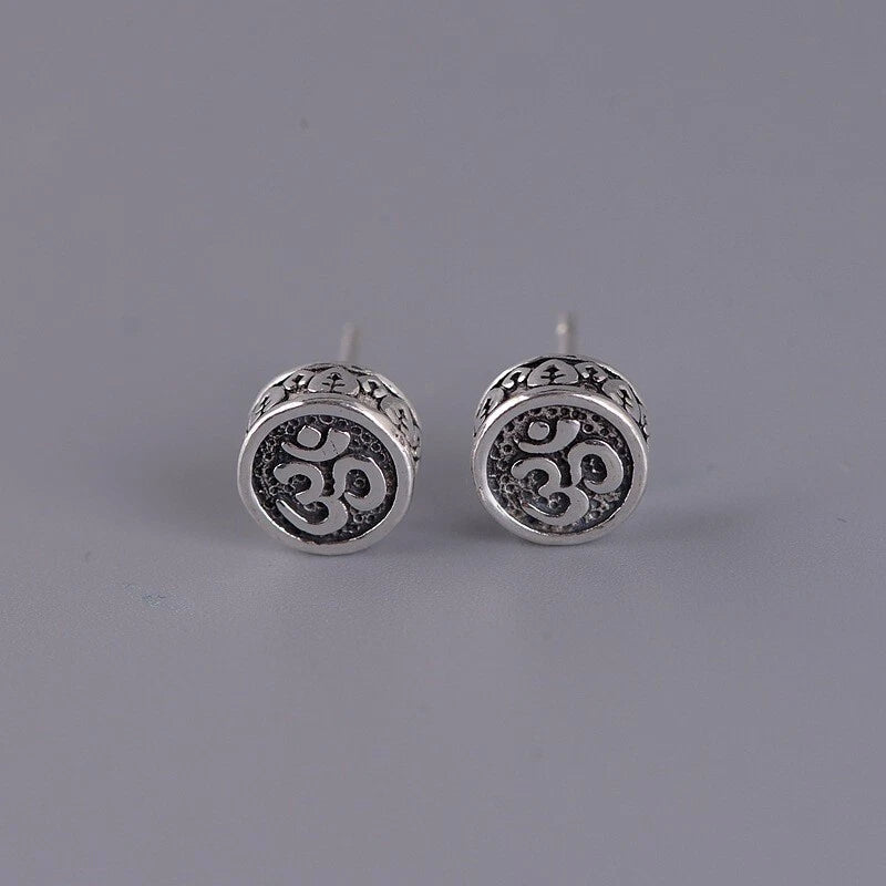 Solid 925 Sterling Silver Buddhist Mantra Round Stud Earrings 0.31inch 07FC0E-D4 - KOEEK