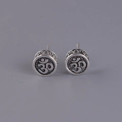 Solid 925 Sterling Silver Buddhist Mantra Round Stud Earrings 0.31inch 07FC0E-D4 - KOEEK