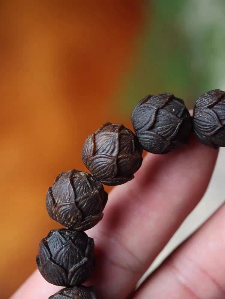 Vietnam Black Qi Nan Old Material 16mm Agarwood Carved  Lotus Bead Bracelet 07FC0E-D4 - KOEEK