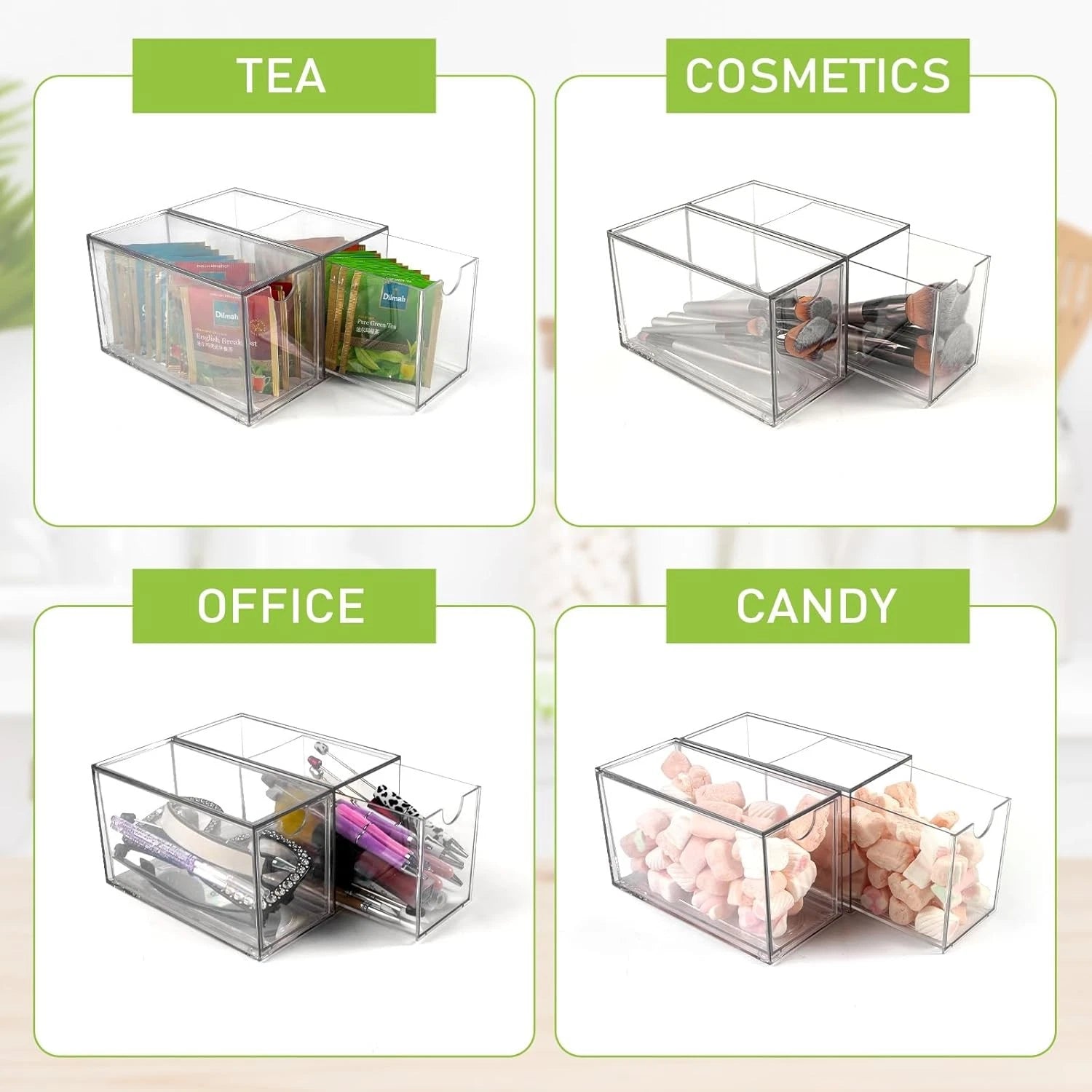 4-piece stackable tea bag storage box, transparent acrylic tea bag drawer 07FC0E-D4 - KOEEK