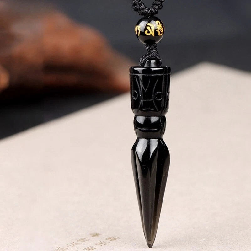 Obsidian Natural Crystal Quartz Carve Vajra Dorje Phurpa Dagger Buddhist Pendant 07FC0E-D4 - KOEEK