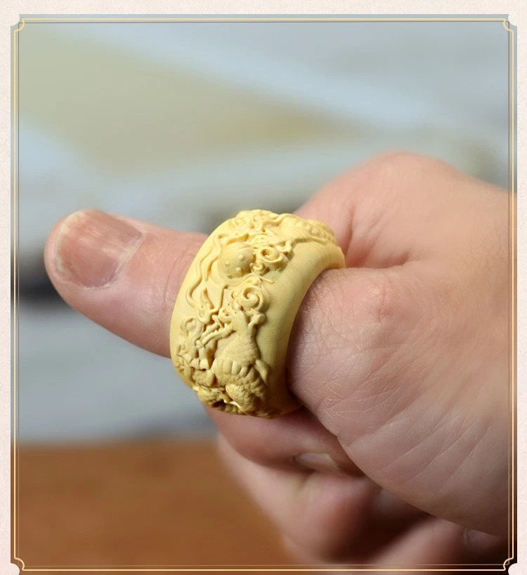 22MM Boxwood Dragon Ring Chinese Style Zodiac Wooden Finger Ring 07FC0E-D4 - KOEEK