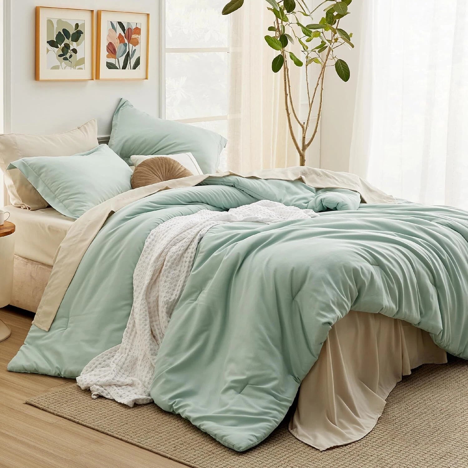 King Size Sage Green Comforter Set, 7 Piece Lightweight King Size Bedding Set 07FC0E-D4 - KOEEK