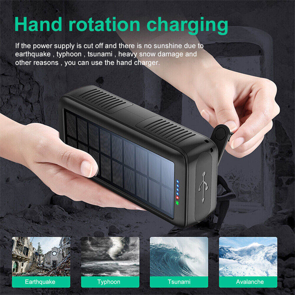 ny 61200mAh håndsveiv Solar Power Bank Telefonlader Eksternt batteri LED-lys US