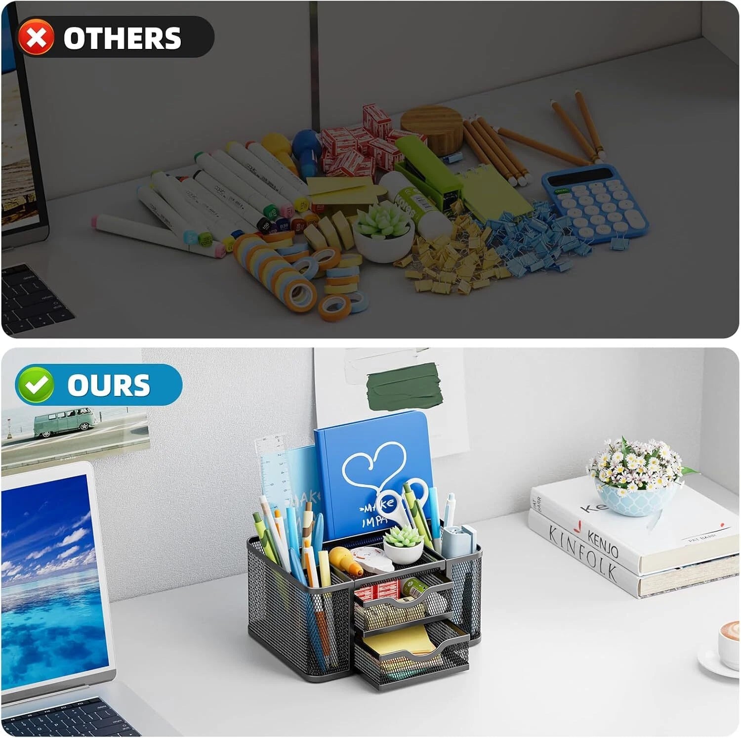 Mesh Desk Organizer, Pen Organizer with 2 Drawer, Multi-Functional Pencil Holder 07FC0E-D4 - KOEEK