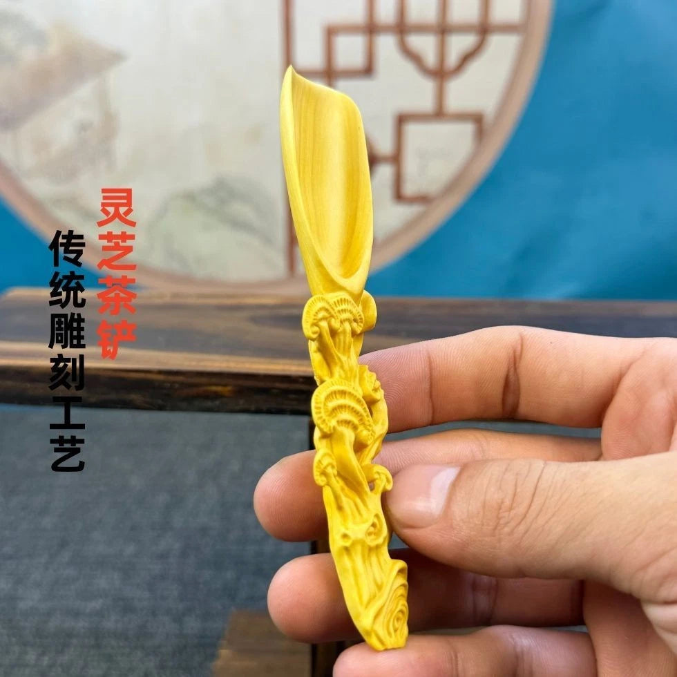 Boxwood Carved Lingzhi Tea Scoop Home Décor Chinese Style Handicraft Ornament 07FC0E-D4 - KOEEK
