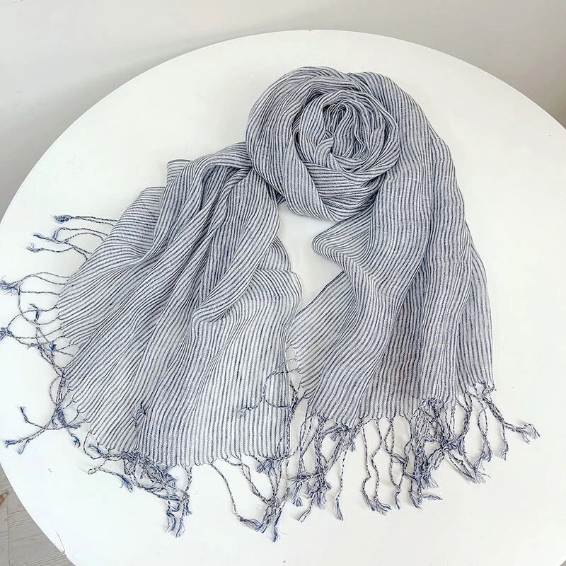 Womens Blue Pinstripe Tasseled Scarf Unisex Soft Flax Linen Bandana Wrap Scarves 07FC0E-D4 - KOEEK