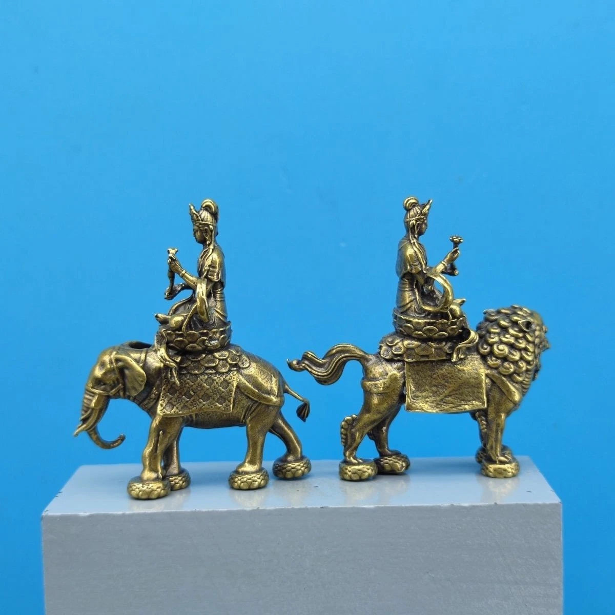 A Pair 2.3"Brass Manjusri Samantabhadra Bodhisattva Buddhism Statue Ornament 07FC0E-D4 - KOEEK