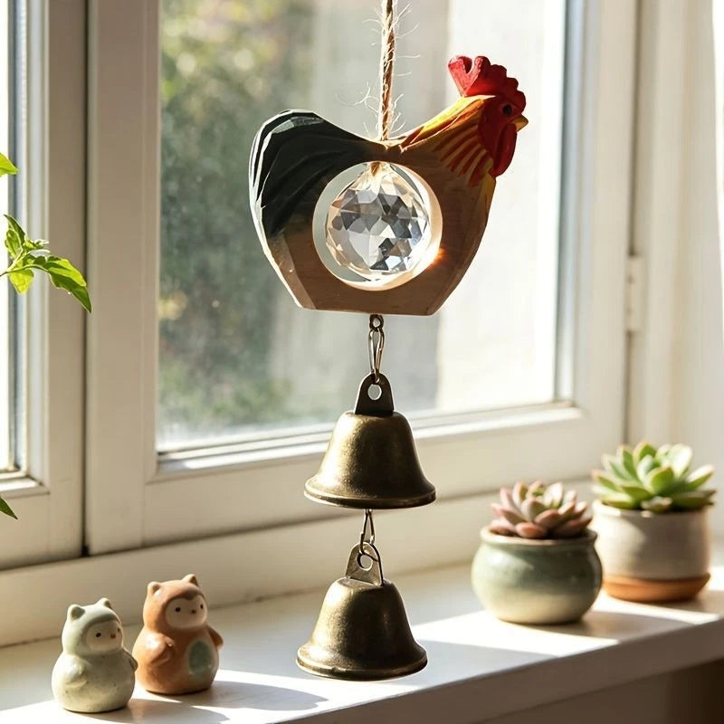 Hand Carved Rooster Wind Chime Crystal Bell Window Garden Hanging Decor 07FC0E-D4 - KOEEK