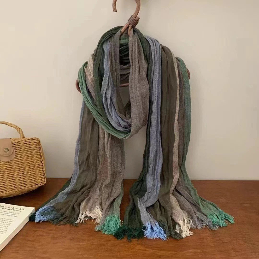 Mens Cotton Linen Colorful Stripe Scarf Shawl Unisex Breathable Soft Scarves 07FC0E-D4 - KOEEK