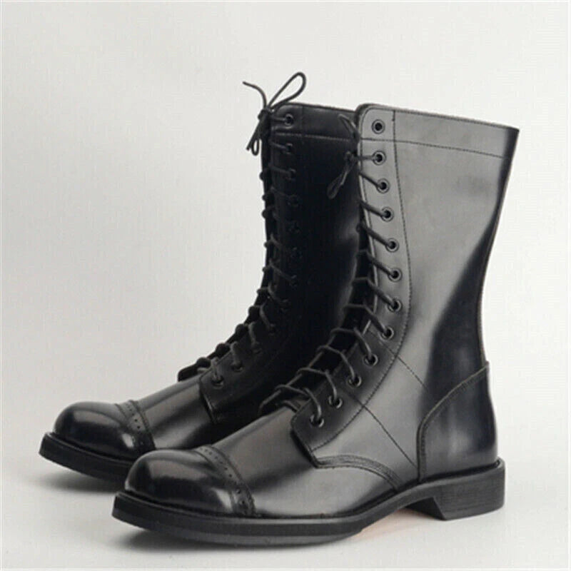 WW2 Army Paratrooper Medium Boots Mens Leather Jump Mid-tube Vintage Boots 07FC0E-D4 - KOEEK