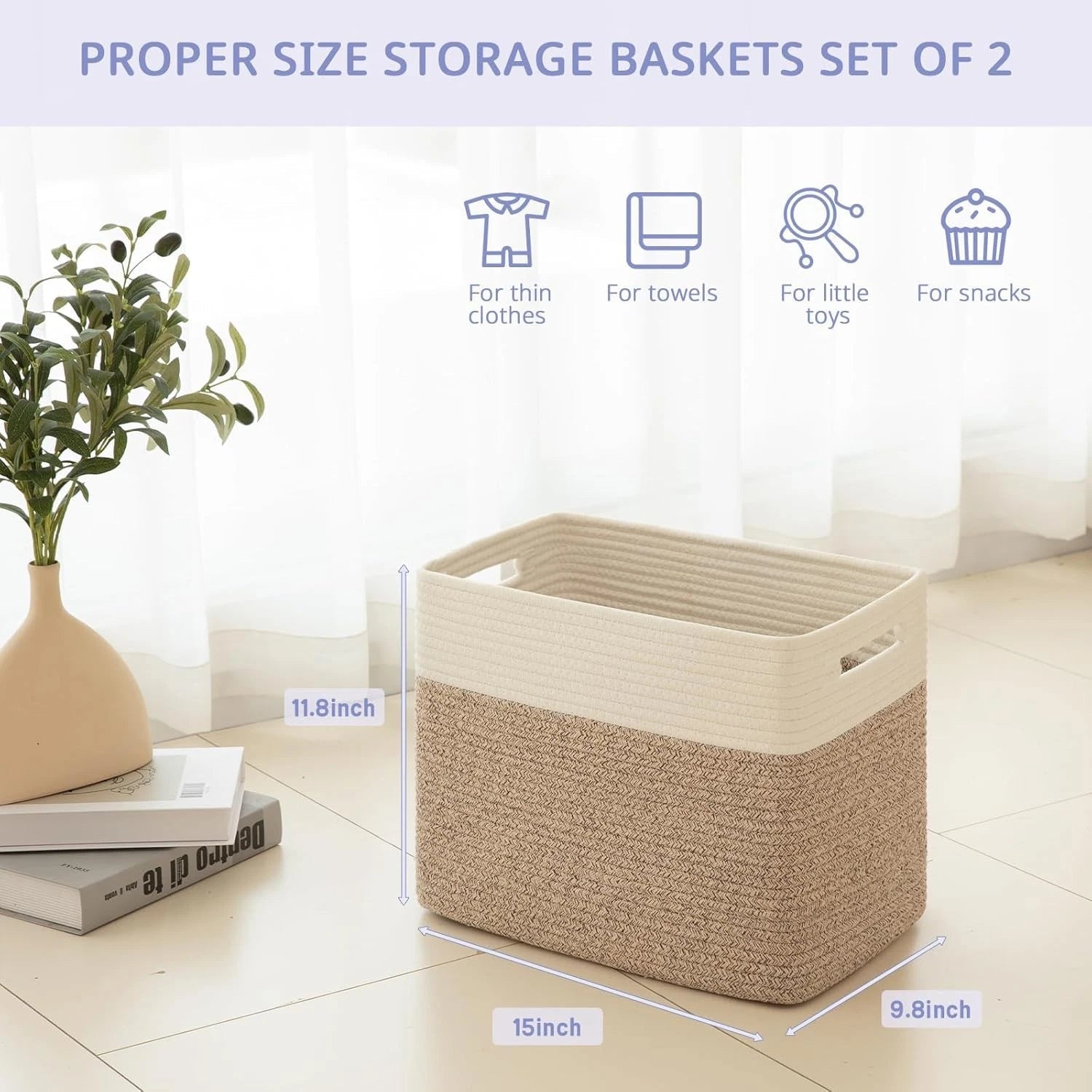 Shelf storage basket dimensions: 15 x 9.8 x 11.8 inches, set of 2, brown 07FC0E-D4 - KOEEK