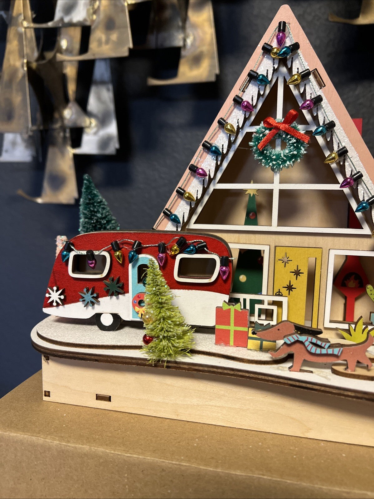 !! 2024 World Market Laser Cut Wood Mid Century A Frame House LED Light Up! WORLD MARKET - KOEEK