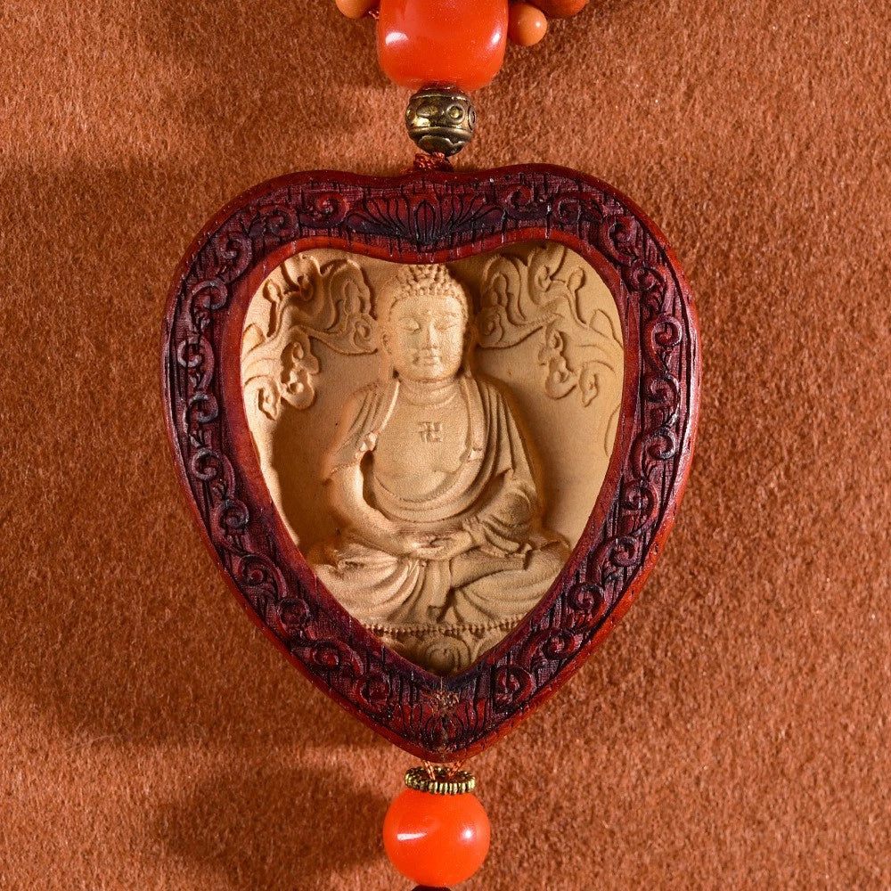 Boxwood Carved Tathagata Buddha Car Hanging Ornament Woodcraft Pendant 07FC0E-D4 - KOEEK