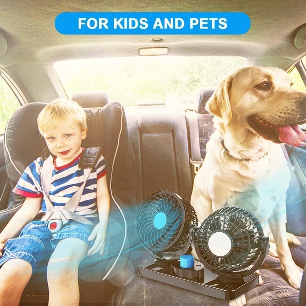 new Car Fan 12V, 360 Degree Rotatable Fan, Electric 2 Speed Dual Head Blue 07FC0E-D4 - KOEEK