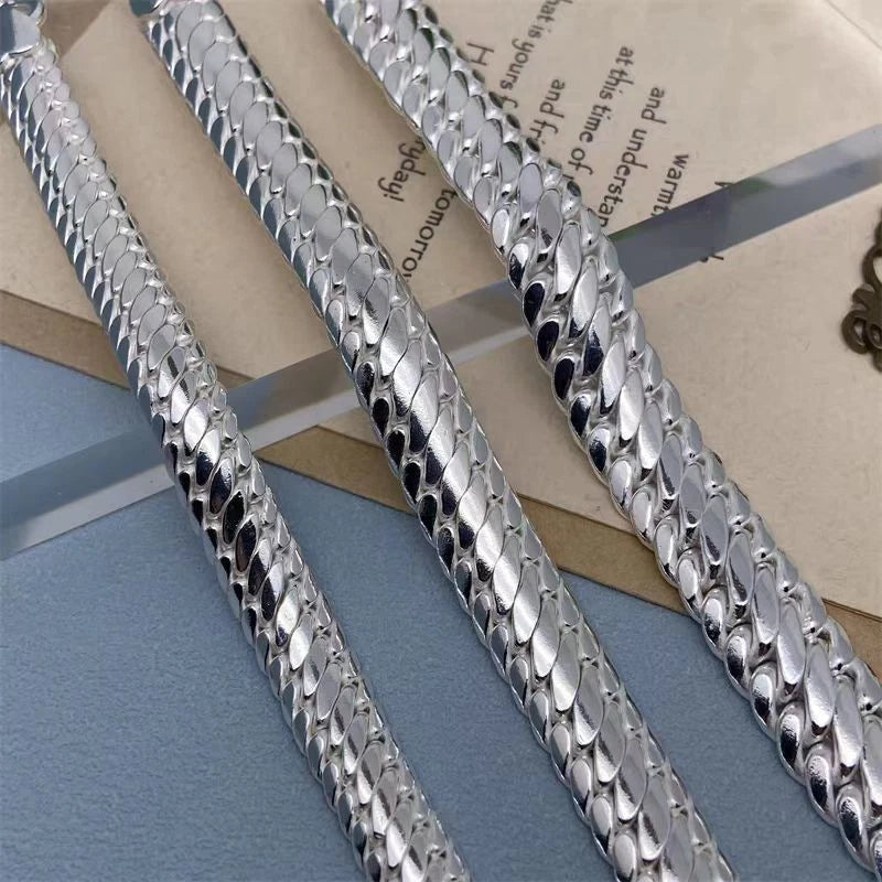 Pure S999 Fine Silver Chain 10mm 12mm 14mm Cuban Curb Link Bracelet 7.1-8.7inch 07FC0E-D4 - KOEEK