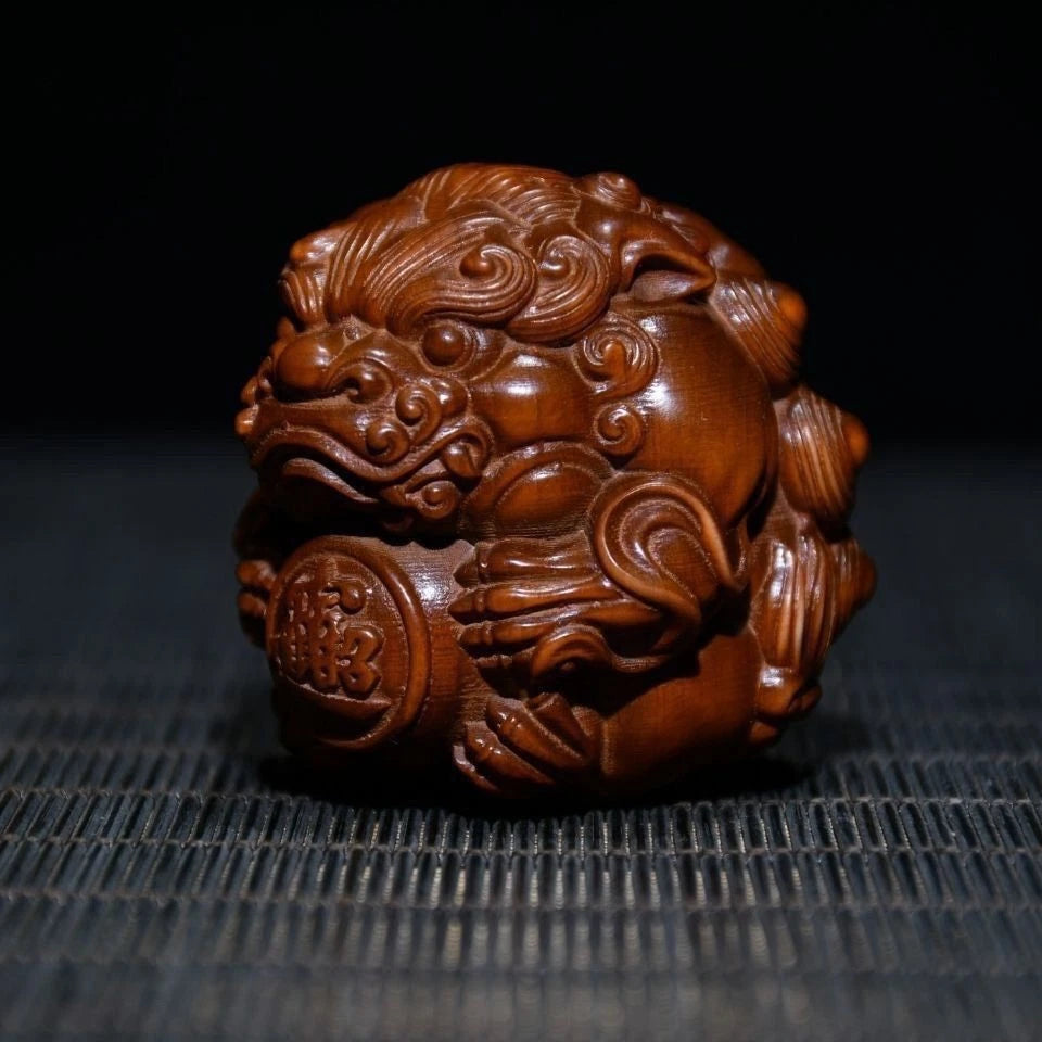 Boxwood Wood Carved Pixiu Holding Ball 6cm Handheld Worry Piece Car Pendant 07FC0E-D4 - KOEEK