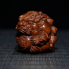 Boxwood Wood Carved Pixiu Holding Ball 6cm Handheld Worry Piece Car Pendant 07FC0E-D4 - KOEEK