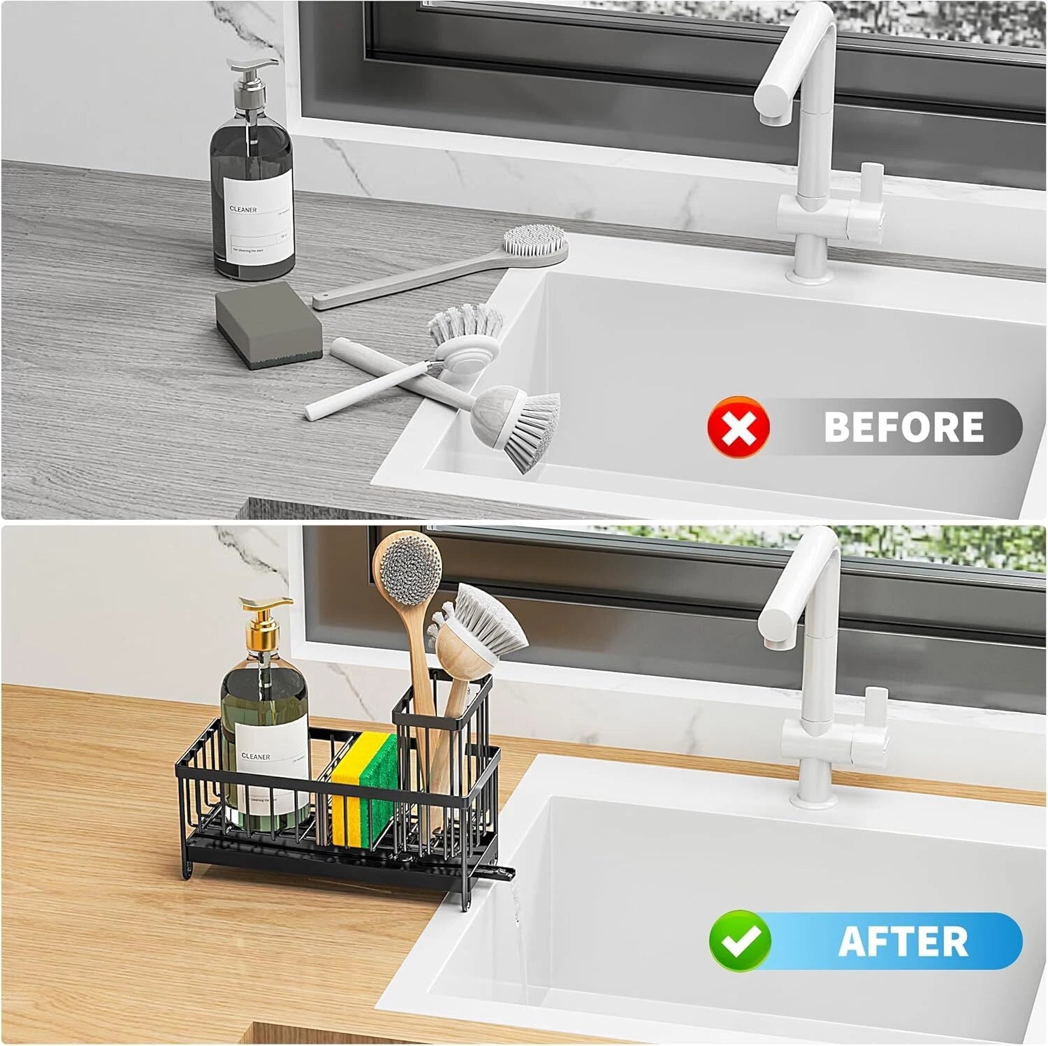 Black Sponge Holder for Kitchen Sink,Sink Caddy Organizer with High Brush Holder 07FC0E-D4 - KOEEK