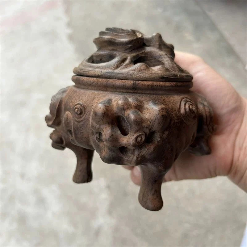 Vietnamese Agarwood Carved Incense Burner Figurine Wooden Sculpture Tripod Decor 07FC0E-D4 - KOEEK