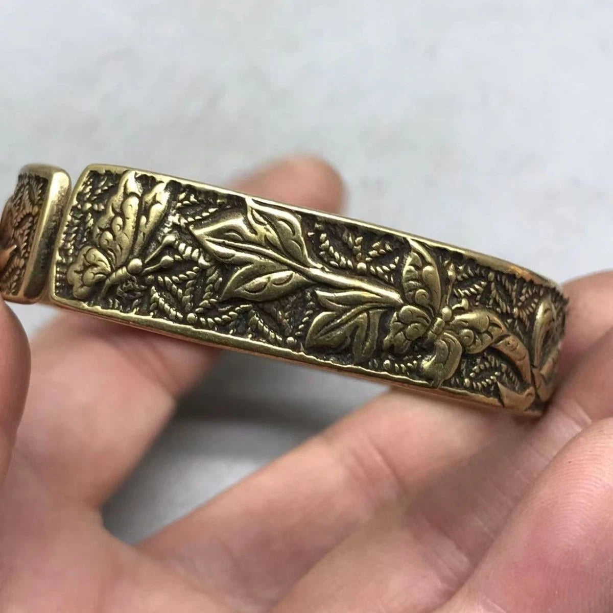 Brass Wide Peony Bangle Pure Copper Vintage Smooth Open Bracelet Unisex 07FC0E-D4 - KOEEK