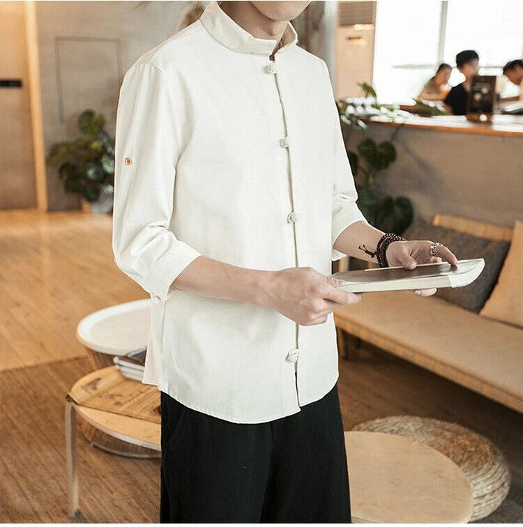 Men Vintage Kung Fu Shirts Tops 3/4 Sleeve Cotton Linen Chinese Style Tang Suit 07FC0E-D4 - KOEEK
