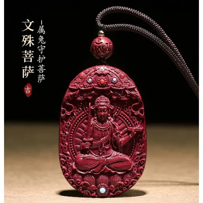 Natural Cinnabar Handcarved Twelve Zodiac Buddha Statue Pendant Amulet Necklace 07FC0E-D4 - KOEEK