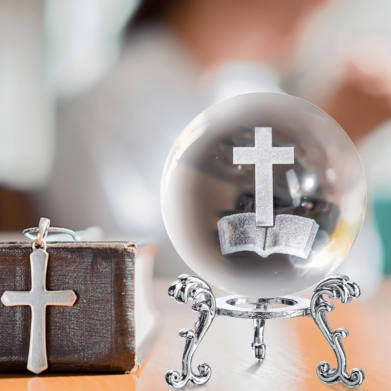 new ZEERSHEE 3D Laser Engraved Cross Bible Crystal Ball with Stand Clear ZEERSHEE - KOEEK