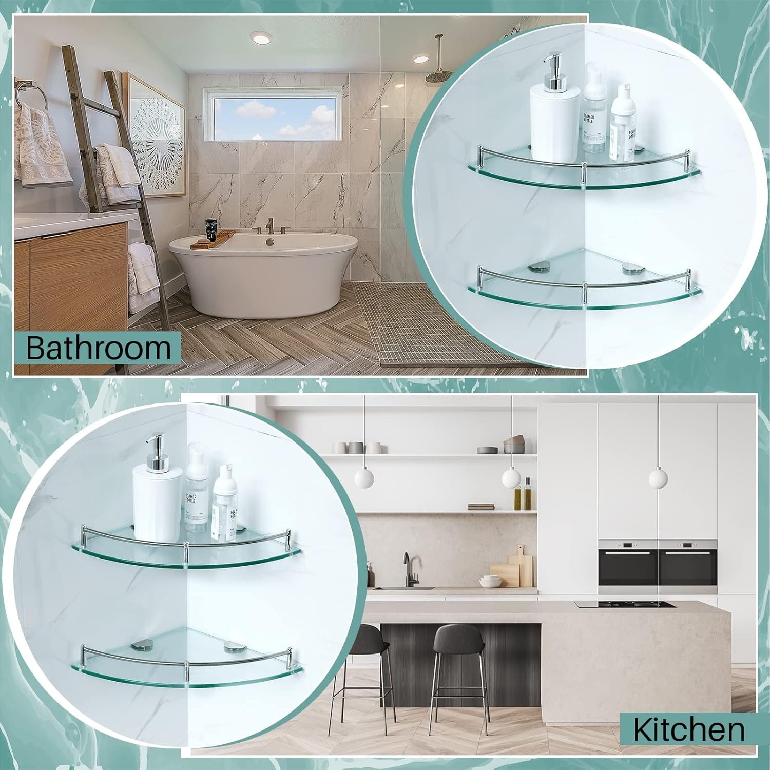 new 2 Pcs Corner Shower Shelf 2-Tier Glass about 9.25 inches, Silver