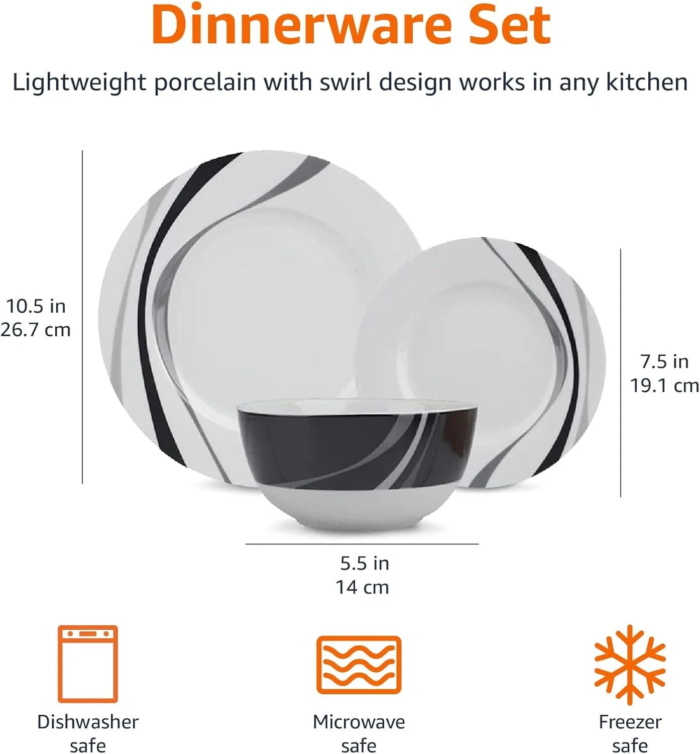 18 Piece Dinnerware Set, Plates, Dishes and Bowls, Serves 6, Swirl Color 07FC0E-D4 - KOEEK