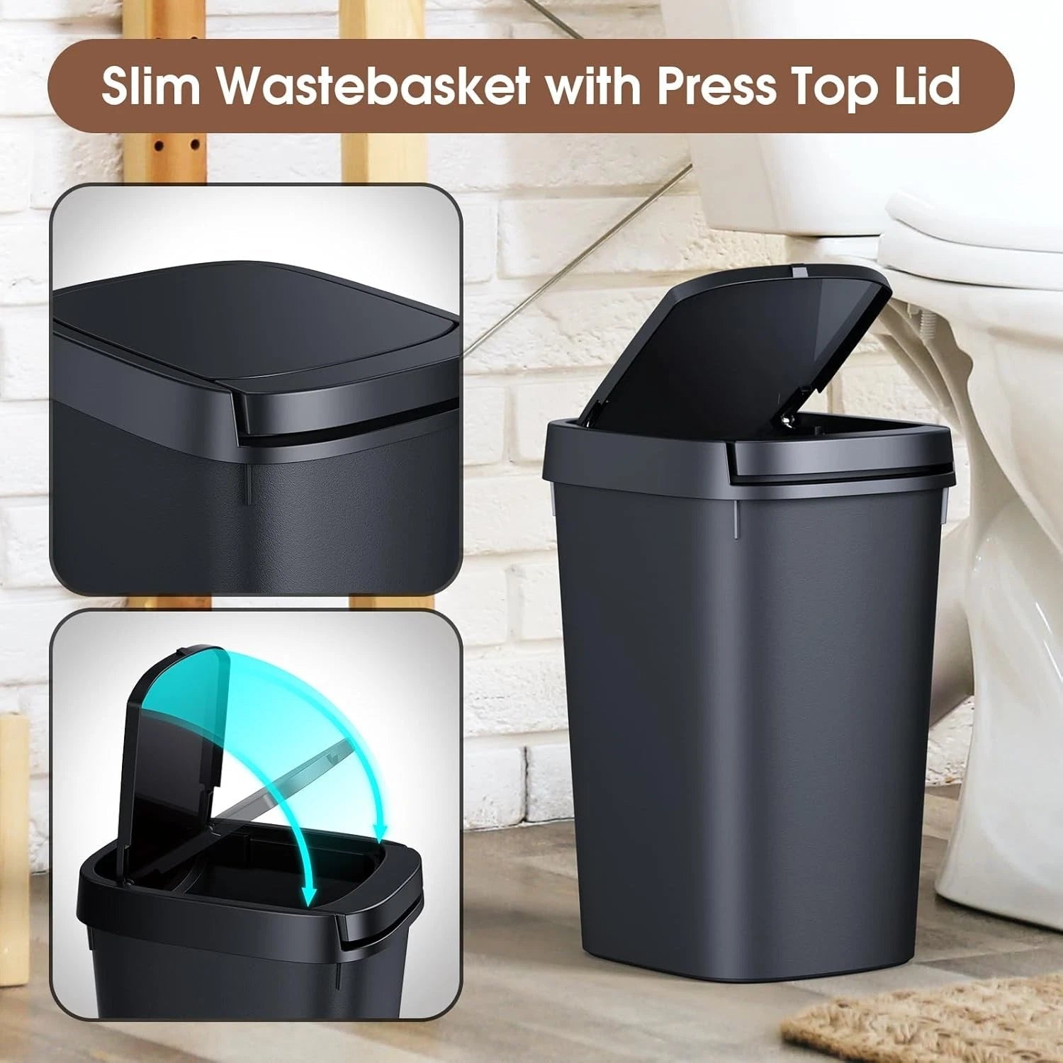 3 Pack Slim Bathroom Trash Can, 10L/2.6 Gal with Press Top and Pop-up Lid 07FC0E-D4 - KOEEK