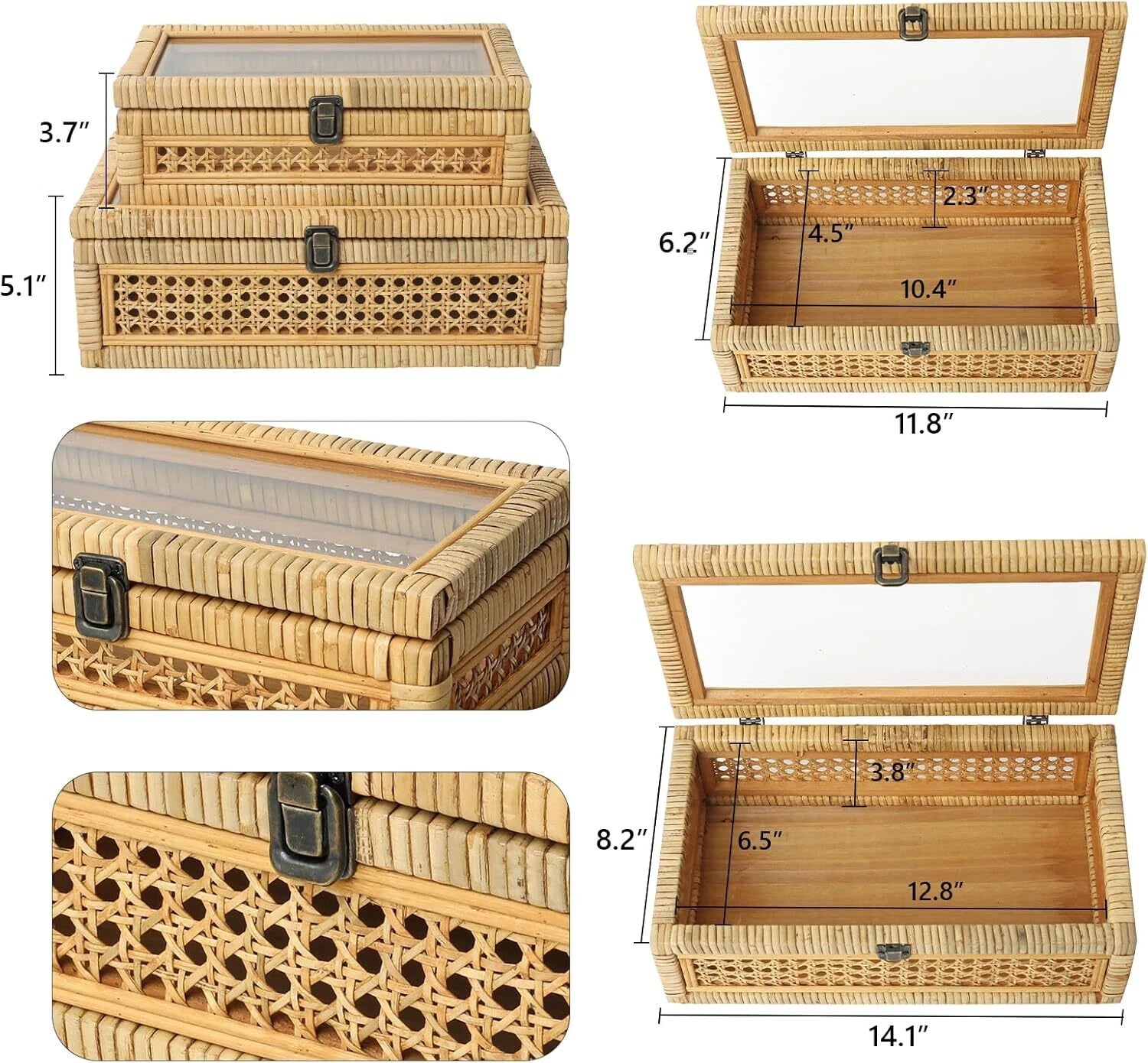 Rattan Strip Stacking Box with Glass Top - Set of 2 07FC0E-D4 - KOEEK