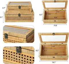 Rattan Strip Stacking Box with Glass Top - Set of 2 07FC0E-D4 - KOEEK