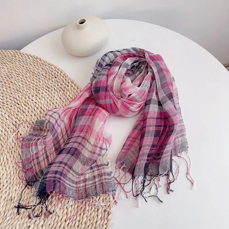 Unisex  Flax Linen Thin Scarf Tasseled Preppy Plaid Shawl Bandana Wrap 07FC0E-D4 - KOEEK