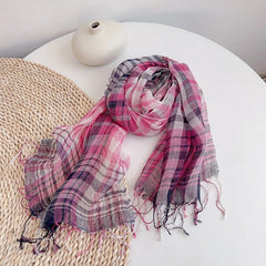Unisex  Flax Linen Thin Scarf Tasseled Preppy Plaid Shawl Bandana Wrap 07FC0E-D4 - KOEEK